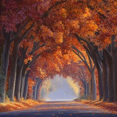 Autumn Road Scene: A Majestic Tree Tunnel Bathed in Warm Sunlight and Fallen Leaves
