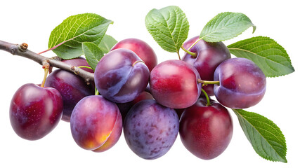 Branch of delicious ripe plums with green leaves, isolated on white background