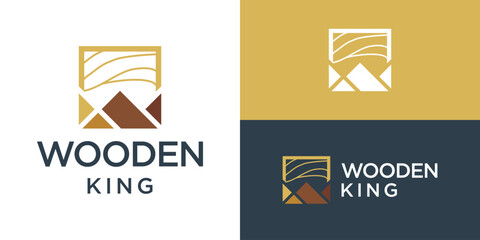 Naklejka premium Creative simple wooden king logo template. Abstract crown with wood logo design vector illustration.