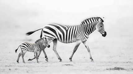 Zebra and Calf Walking Together in Grassy Field Monochrome Wildlife Photography