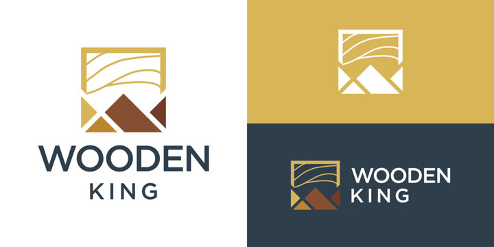 Creative simple wooden king logo template. Abstract crown with wood logo design vector illustration.