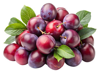 A vibrant heap of fresh ripe plums with green leaves on white background