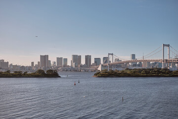 Obraz premium Vista su Tokyo dal lungomare di Odaiba con il Rainbow Bridge.