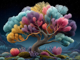 surreal, fantastical scene featuring a tree with branches that resemble swirling clouds or feathers, set against a starry night sky. The ground is covered with an array of colorful, intricately detail