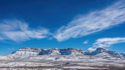 Snow Capped Mountains Under a Vibrant Blue Sky With Wispy White Clouds Nature Landscape