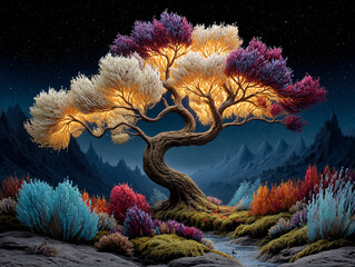 surreal, fantastical scene featuring a tree with branches that resemble swirling clouds or feathers, set against a starry night sky. The ground is covered with an array of colorful, intricately detail