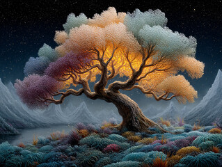 surreal, fantastical scene featuring a tree with branches that resemble swirling clouds or feathers, set against a starry night sky. The ground is covered with an array of colorful, intricately detail