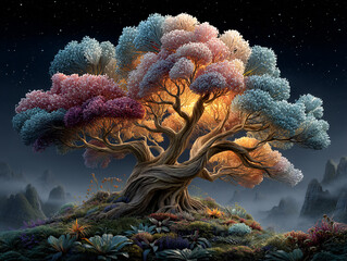 surreal, fantastical scene featuring a tree with branches that resemble swirling clouds or feathers, set against a starry night sky. The ground is covered with an array of colorful, intricately detail