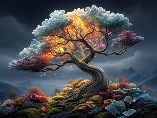 surreal, fantastical scene featuring a tree with branches that resemble swirling clouds or feathers, set against a starry night sky. The ground is covered with an array of colorful, intricately detail
