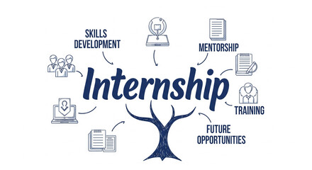 Graphic illustrating internship benefits: skills development, mentorship, training, future opportunities, depicted as branches growing from a tree trunk