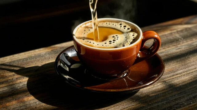 Fresh coffee is being poured into a brown ceramic cup sitting on a rustic wooden table.