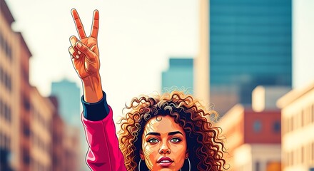 girl with raised hand with peace symbol, illustration of unity, protest, and hope, minimalist visual concept representing anti-war message, human rights and peaceful resistance for social awareness