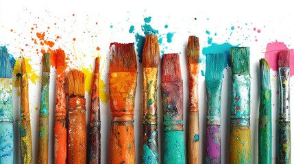 Colorful Paint Brushes and Splashes on White Background, Generative Ai