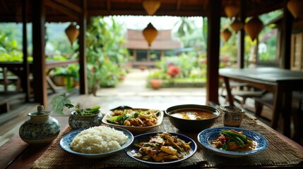 Authentic Thai Cuisine Served in a Traditional Wooden House Surrounded by Lush Greenery