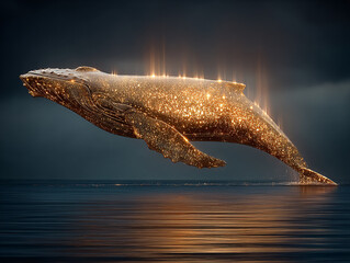 majestic whale floating above the water, with a mystical golden glow emanating from its back, creating a surreal and enchanting atmosphere. The setting sun casts a warm glow on the scene