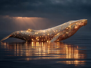 majestic whale floating above the water, with a mystical golden glow emanating from its back, creating a surreal and enchanting atmosphere. The setting sun casts a warm glow on the scene