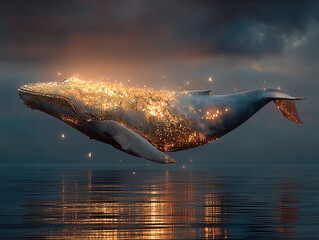 majestic whale floating above the water, with a mystical golden glow emanating from its back, creating a surreal and enchanting atmosphere. The setting sun casts a warm glow on the scene