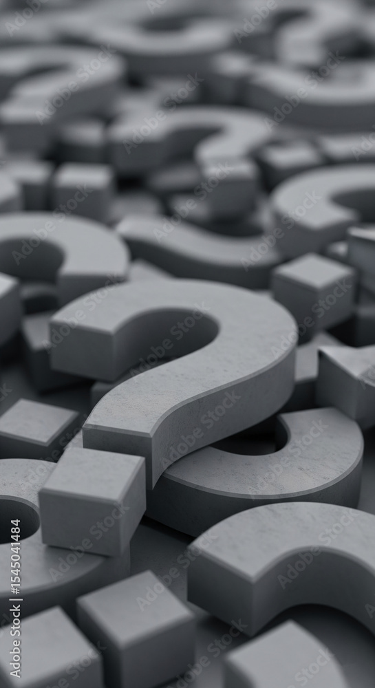 Poster Gray stone question marks texture, 3D render, creating a dense, inquisitive background suitable for concept design or presentations