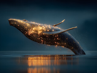 majestic whale floating above the water, with a mystical golden glow emanating from its back, creating a surreal and enchanting atmosphere. The setting sun casts a warm glow on the scene