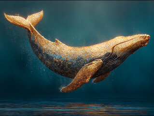 majestic whale floating above the water, with a mystical golden glow emanating from its back, creating a surreal and enchanting atmosphere. The setting sun casts a warm glow on the scene
