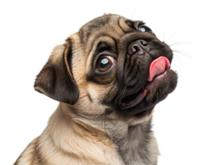 Adorable pug puppy with tongue out isolated on transparent background