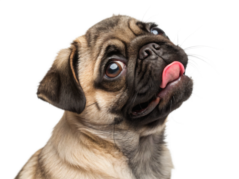 Adorable pug puppy with tongue out isolated on transparent background