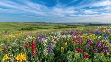 Obraz premium Vibrant Wildflower Meadow Blooming Under Expansive Blue Sky Scenic Green Hills Landscape