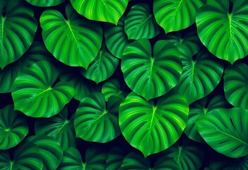 Fototapeta premium Vibrant green monstera deliciosa leaves forming a repeating tropical pattern, digital art, image