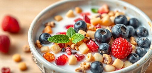 Bowl of colorful vegan cereal with plant-based milk and berries,   morning meal,  vegan food