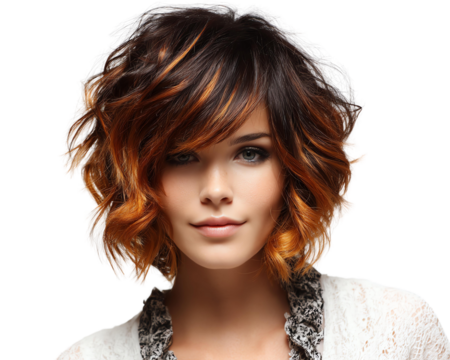 Shaggy bob with textured ends and cowboy copper highlights on black hair, cowboy copper highlights black hair shaggy bob, cowboy copper highlights black shag cut on white background