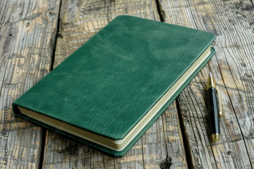 Poster flawless visual of a green notebook with a pen and a pen on a wooden table