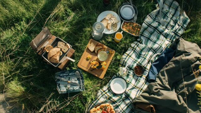 Outdoor picnic with diverse foods and natural setting