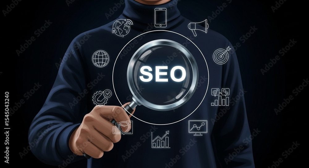 Poster a person holding a magnifying glass with seo text and seo related icons on a black background