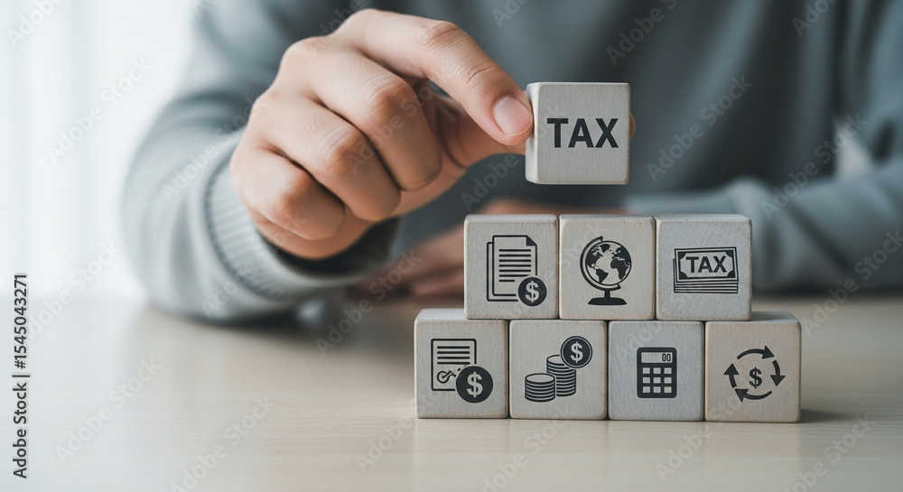 Poster Hand placing a tax block on top of other blocks with financial icons on a light surface view