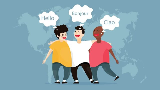 Three people greet each other in different world languages - English, French and Italian. Vector cartoon animation on the background of the world map about international friendship and communication