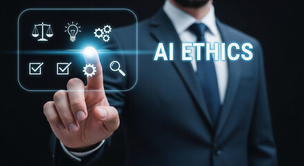 Man in suit touching ai ethics interface with scales, lightbulb, gears, checks and magnifying glass