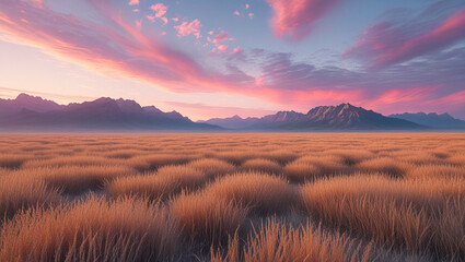 Fototapeta premium A breathtaking sunset over a vast desert landscape with mountains in the distance, showcasing a vibrant pink and orange sky