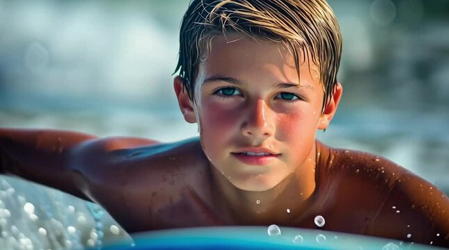 Young surfer boy paddles on a surfboard in ocean waves. Slow motion. 4K.
