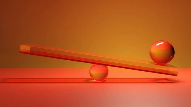 Conceptual balancing act featuring a sphere on a seesaw against an orange background