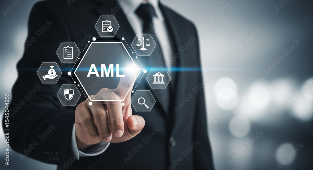 Aufkleber Man in suit pointing at aml hexagon with icons representing compliance and financial security measures