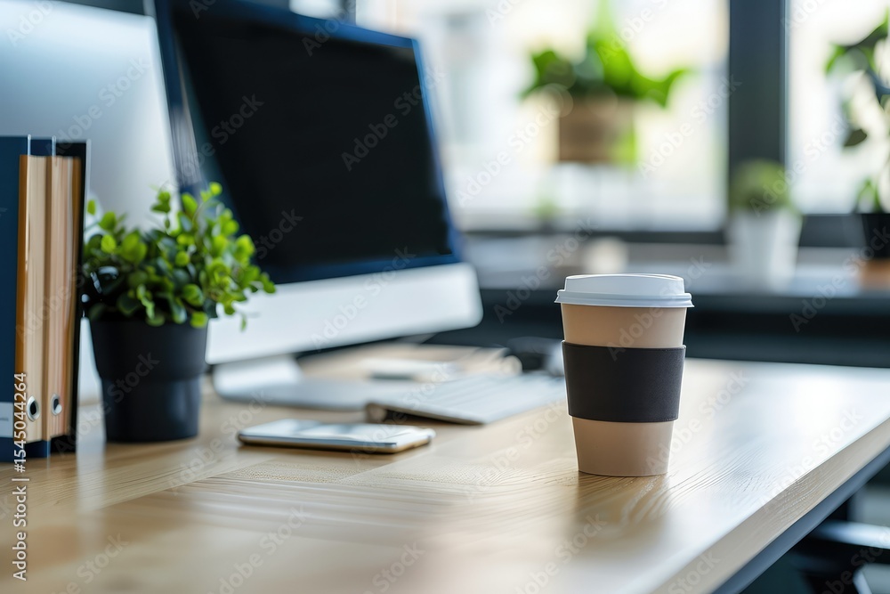 Poster high definition visual of modern office desk setup with computer and coffee