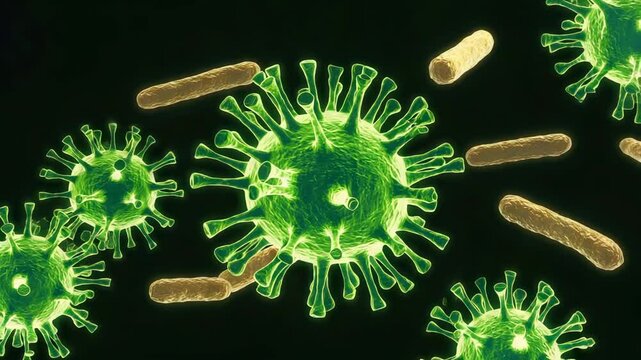 3D animation of glowing green viruses and bacteria, symbolizing infection, microbiology, health risks, pandemic spread, and disease transmission.