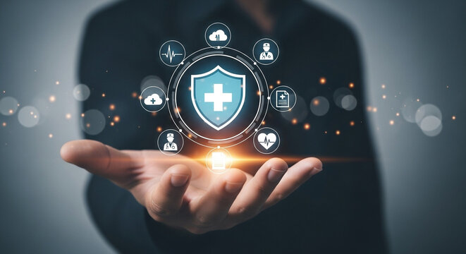 A person holding a shield with a cross surrounded by health related icons in their outstretched hand