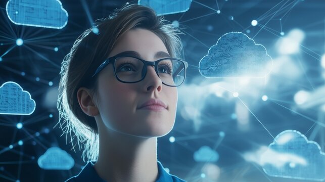 Young Woman Using Cloud Computing Technology with Network Visualization on Blue Background