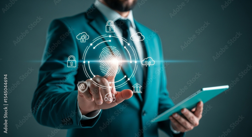 Poster Man in suit using digital fingerprint technology on tablet for secure access and data protection