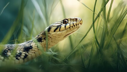 Obraz premium Serpentine Gaze: A captivating close-up captures the focused intensity of a snake, its gaze unwavering amidst a verdant embrace of lush green grass and foliage.