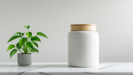 A small green plant in a grey pot sits beside a white ceramic jar with a bamboo lid on a marble surface
