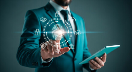 Man in suit using digital fingerprint technology on tablet for secure access and data protection