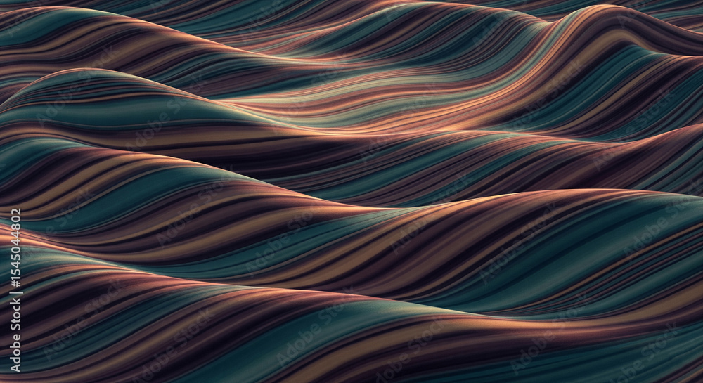 Poster Abstract image of wavy, striped texture in teal, brown, and beige tones, creating a flowing, dynamic visual effect suitable for background or design element