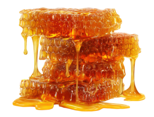 Honeycombs with dripping honey isolated on transparent background